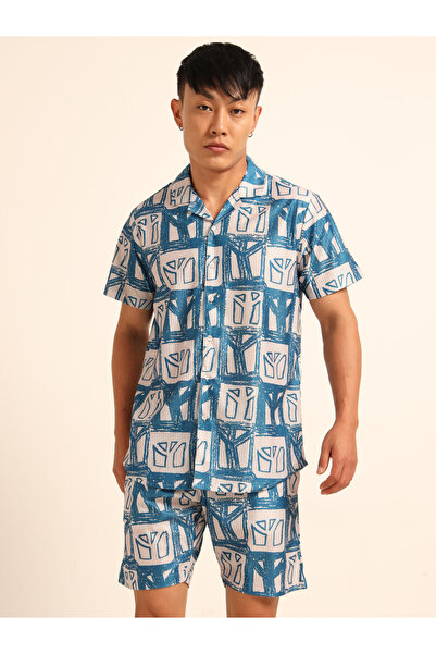 Bushirt By Styli Men Blue Printed Rayon Shirt And Shorts Set