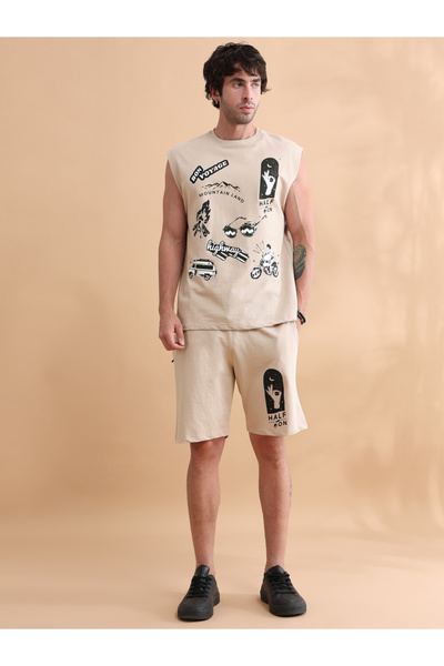Bushirt By Styli Men Beige Sleeveless Graphic Print T-Shirt And Shorts Co-Ord...