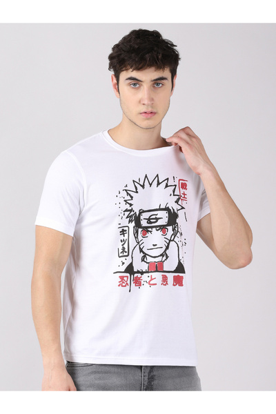 Bushirt By Styli تي شيرت أبيض ذو قصة عادية مطبوع عليه رسومات أنمي وياقة دائرية