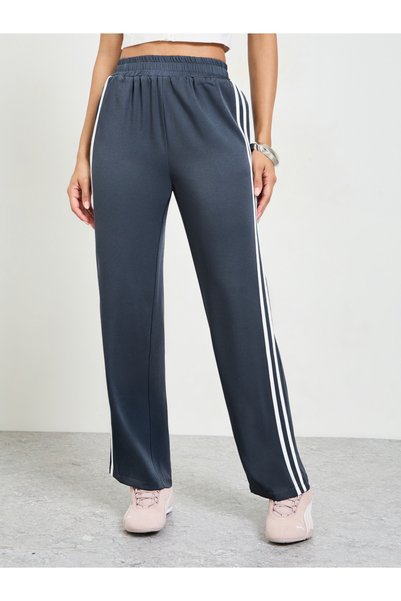 Take Two By Styli Grey Side Striped Elasticated Waist Wide Leg Pants