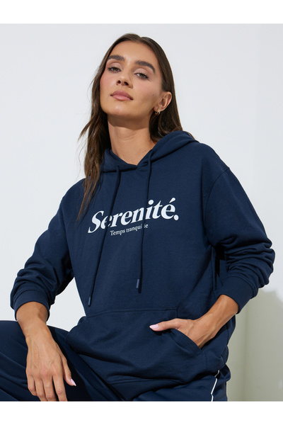 Styli Navy Blue Slogan Print Regular Fit Hoodie