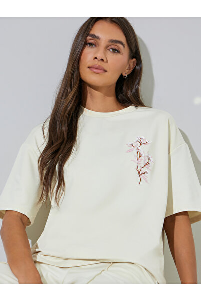 Styli Cream Embroidered Short Sleeves Oversized T-Shirt