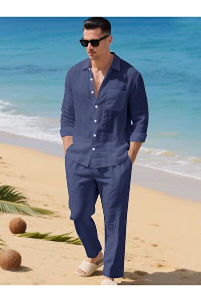 Take Two By Styli Men Linen Lapel Long Sleeve Shirt And Pants Set
