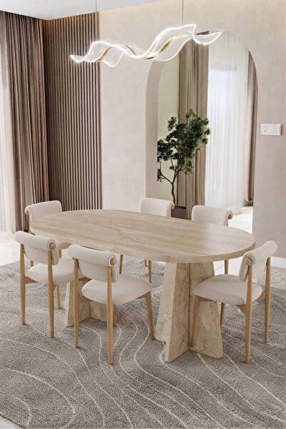 UZMHOME Bohem 90 x 160 Traverten 6 Sandalyeli Yemek Odası Takımı Salon Takımı...