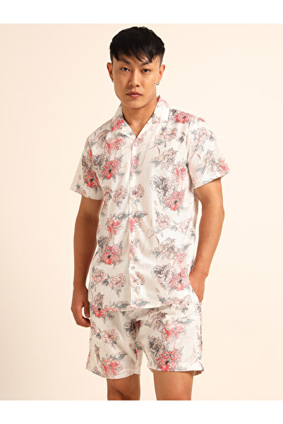 Bushirt By Styli White Floral Striped Co-Ord Shorts Set