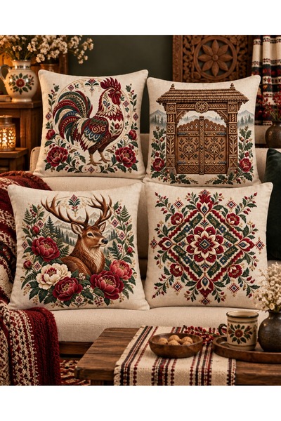 menesahome Romanian Themed Rooster, Deer and Ethnic Motifs Digital Printed Se...