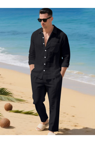 Take Two By Styli Men Linen Lapel Long Sleeve Shirt And Pants Set