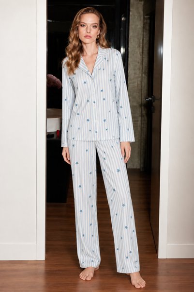 Mindy Women's Long Sleeve Buttoned Patterned Blue Pajama Set