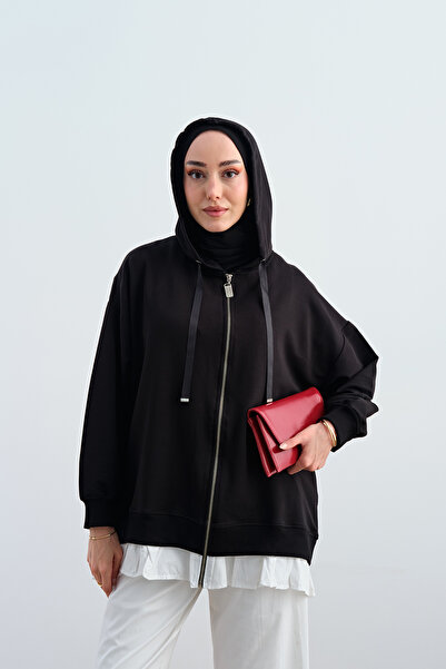LOCCO Kadın Etek Ve Fırfır Detay Çift Renk Sweatshirt Siyah