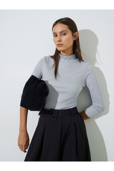 Styli Grey Solid High Neck Ribbed Fitted Top