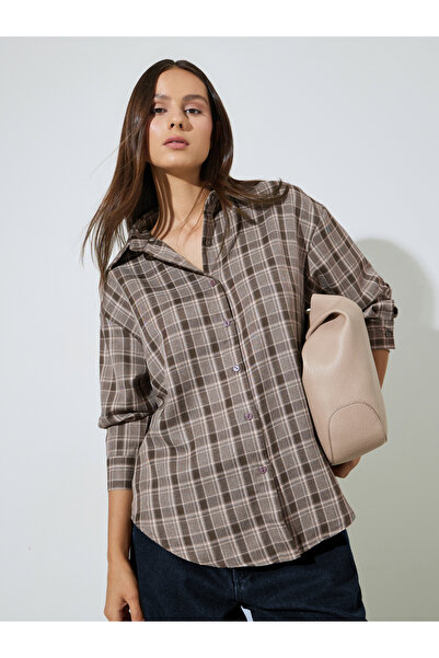 Styli Brown Checked Longline Oversized Shirt