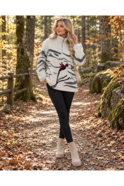 Genel Markalar Ekru Dik Yaka Yarım Fermuarlı Desenli Peluş Polar Sweatshirt –...