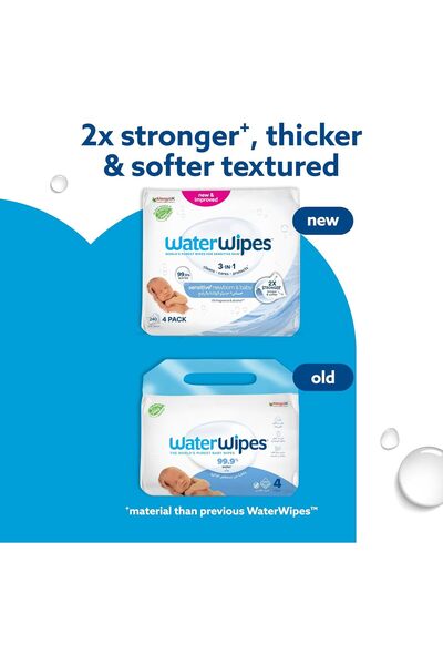 WaterWipes مناديل أطفال حديثي الولادة قابلة للتحلل وخالية من العطور، تحتوي على 99.9% ماء، 240 منديل (عبوة من 4)