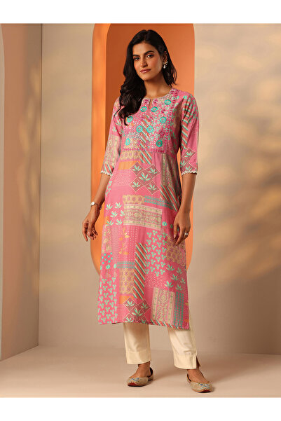 Libas By Styli Pink Printed Silk Blend Straight Kurta