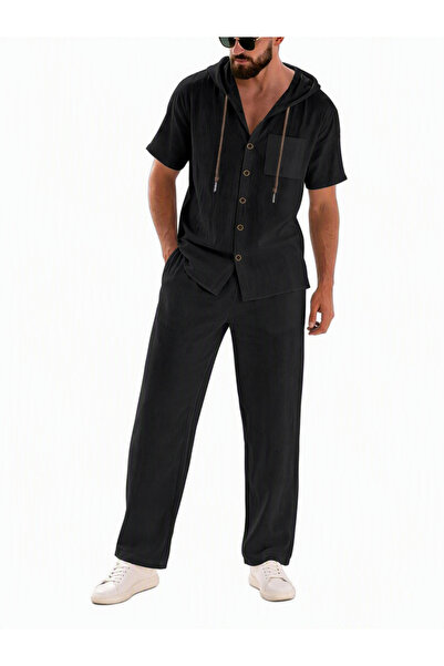 Take Two By Styli Men Black Linen Hooded Shirt And Trousers Set