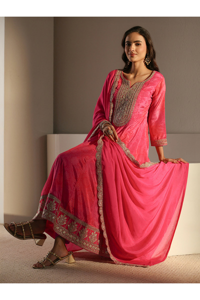 Libas By Styli Pink Printed Anarkali Kurta With Trouser And Dupatta Set