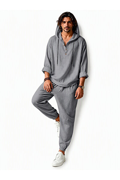 Take Two By Styli Men Grey Linen Hooded Henley Shirt And Trousers Set
