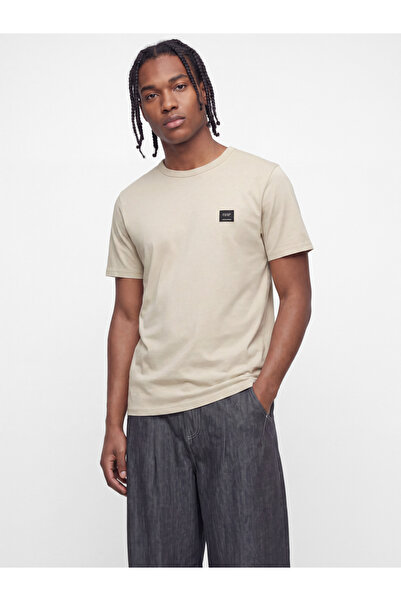 Jack & Jones Beige Jjcleveland Solid Patchwork Crew Neck T-Shirt