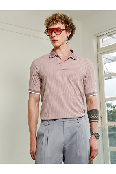 Campus Sutra By Styli Men Light Pink Textured Polo