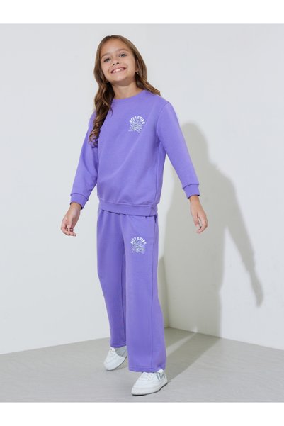 Styli Girls Purple Graphic Print Sweatshirt And Wide Leg Pants Set
