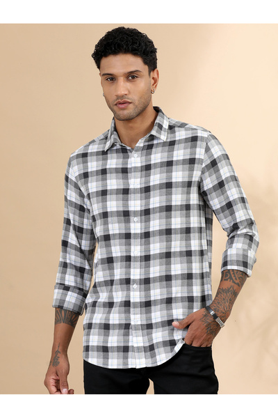 Bushirt By Styli قميص رمادي مربعات بياقة مفتوحة