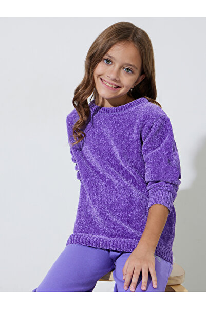 Styli Girls Purple Round Neck Chenille Knit Sweater
