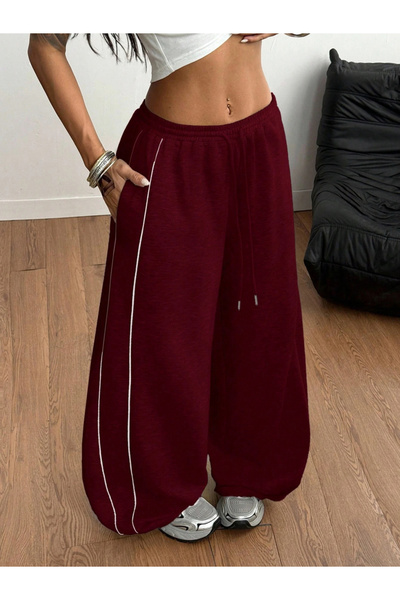 Take Two By Styli Womens Burgundy Wide-Leg Sweatpants With White Side Stripes