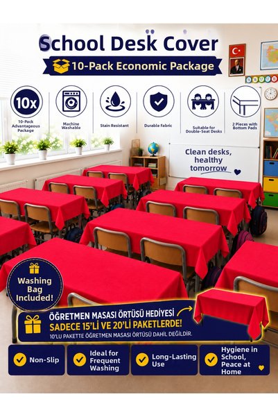 GÜLHOME 10-Piece School Desk Cover, Elastic, A-Quality Fabric, Stain-Resistant