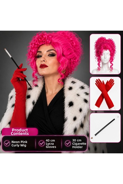 Lovesta Home Neon curly pink wig long fabric red gloves and holder set (3 pie...