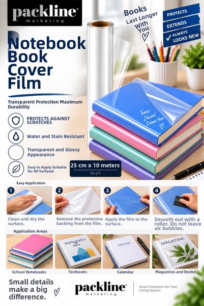 Packline Marketing ورق تغليف شفاف ذاتي اللصق لدفاتر الملاحظات 25 سم × 10 متر