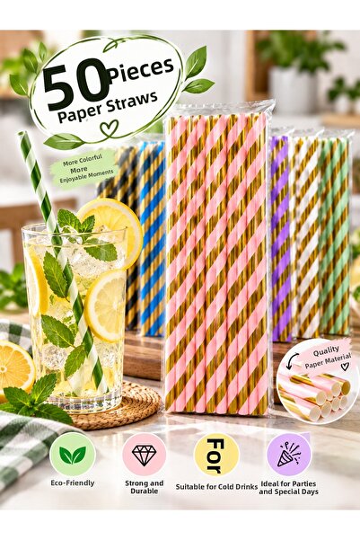 QesQin 50 قطعة من شفاطات الشرب الورقية المخططة باللون الذهبي المعدني - شفاطات...