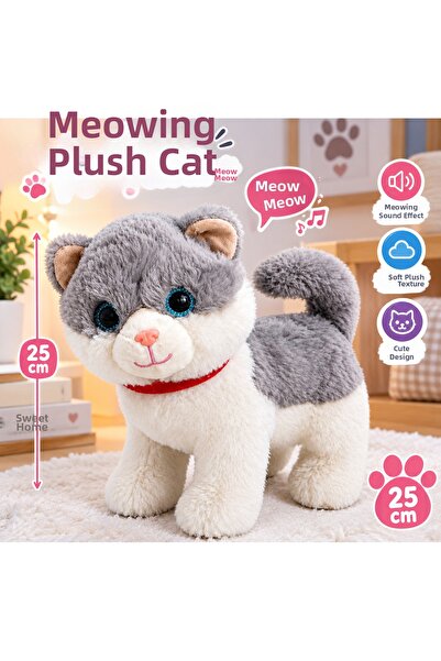 Seher Meowing Plush Cat 25 cm Realistic Meow Sound Soft Cuddly Toy