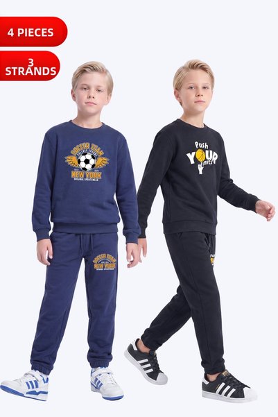 YA KO KİDS 3 Thread Printed Boys' Double Pocket Crew Neck 2-Piece Tracksuit S...