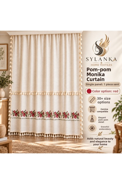 SYLANKA Κόκκινη κουρτίνα φόντου με σταυροβελονιές, φούντες και δαντέλα Buldan...