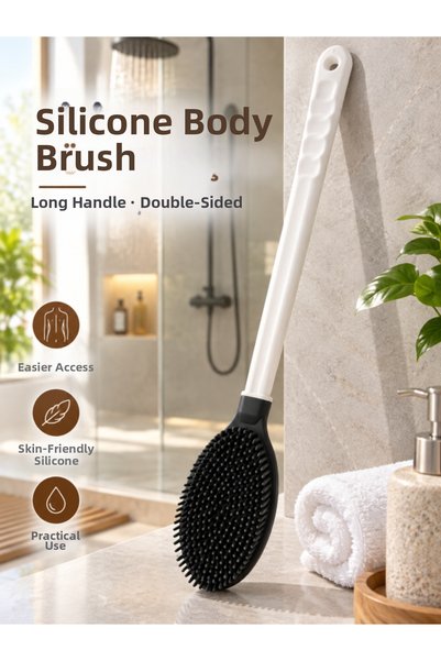 EUROLUXE Silicone Long Handle Body Cleansing and Shower Brush Double Sided Ma...