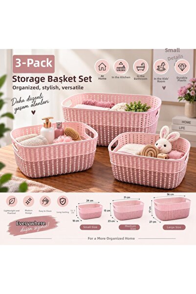 SELKA HOME 3-Piece Knitted Patterned Storage Basket – Small, Medium, Large Si...