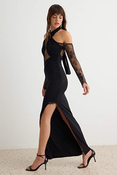 Trendyol Collection Black Transparent Lace Detailed Shift/Straight Cut Maxi W...