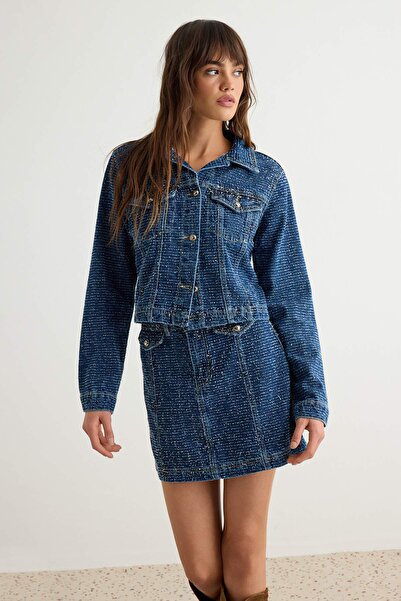 Trendyol Collection Dark Blue Textured Fabric Jacket Skirt Denim Bottom - Top...