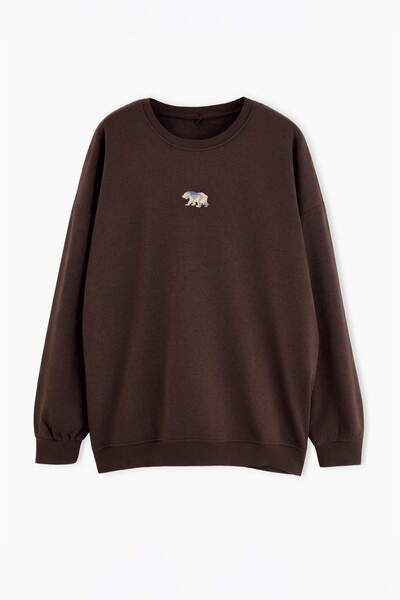 Trendyol Collection Brown Plus Size Oversize/Loose Cut Animal Embroidered Fle...