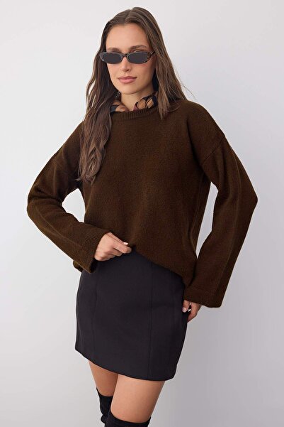 Trendyol Collection Wardrobe Essentials Brown Soft Textured Wide Fit Basic Kn...
