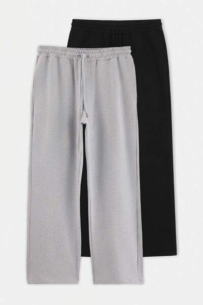 Trendyol Collection Black-Grey 2-Pack Straight Cut Open Leg 2 Thread Sweatpan...