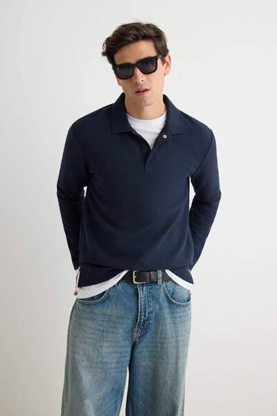 Trendyol Collection Navy Blue Regular/Normal Cut Textured Snap Button Polo Co...