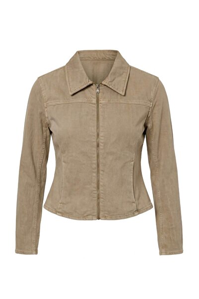 Trendyol Collection Khaki Zipper Detailed Fitted Denim Jacket Twoaw27Ce00032