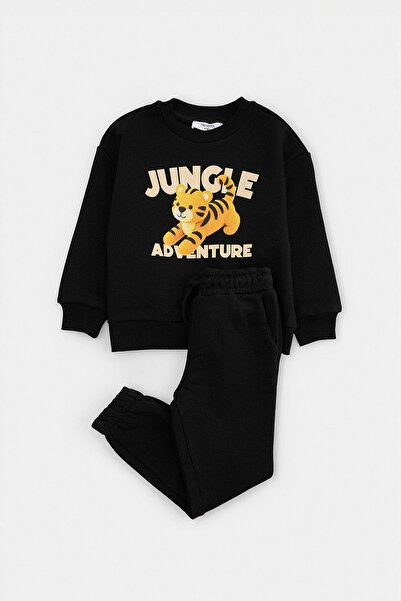 TRENDYOLKIDS Schwarz bedrucktes Strick-Oberteil - Unterteil-Set TKDAW27AU00061
