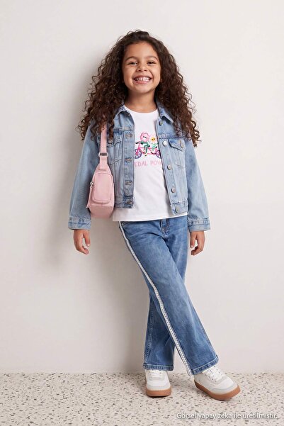 TRENDYOLKIDS Blue Girl's Jean Trousers with Lace Stripes Tkdaw27Je00005