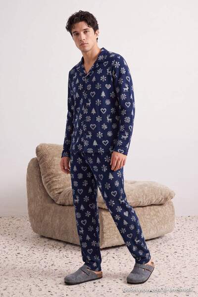 Trendyol Collection Navy Blue Regular Christmas Themed Knitted Shirt Pajama S...
