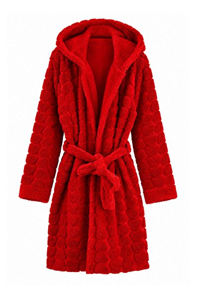 Trendyol Collection Red Belted Heart Polar Fleece Winter Knitted Dressing Gow...
