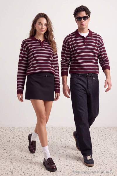 TRENDYOL MAN Erkek Bordo Düşük Omuz Regular Kesim Çizgili Polo Yaka Triko Kaz...