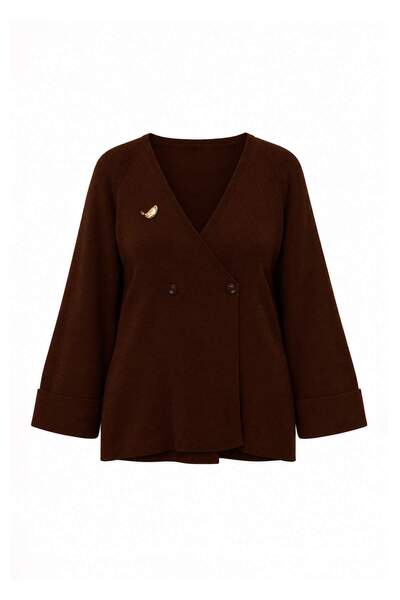 Trendyol Modest Brown Double-Breasted Collar Brooch Detailed Knitwear Hijab C...