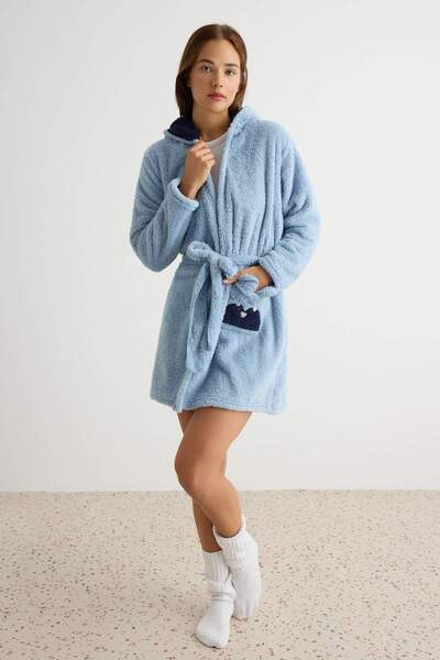 Trendyol Collection Light Blue Belted Animal Figured Hooded Wellsoft Winter K...